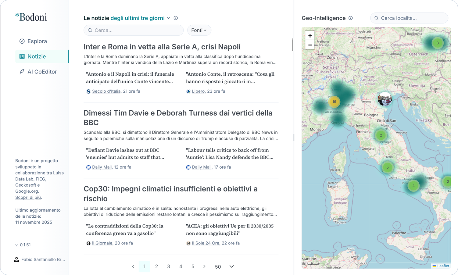 Schermata dell'app Bodoni che mostra un elenco di notizie e una mappa con la distribuzione delle notizie rispetto ai luoghi citati