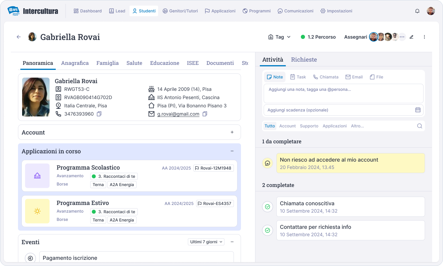 Una schermata dell'app CRM per Intercultura