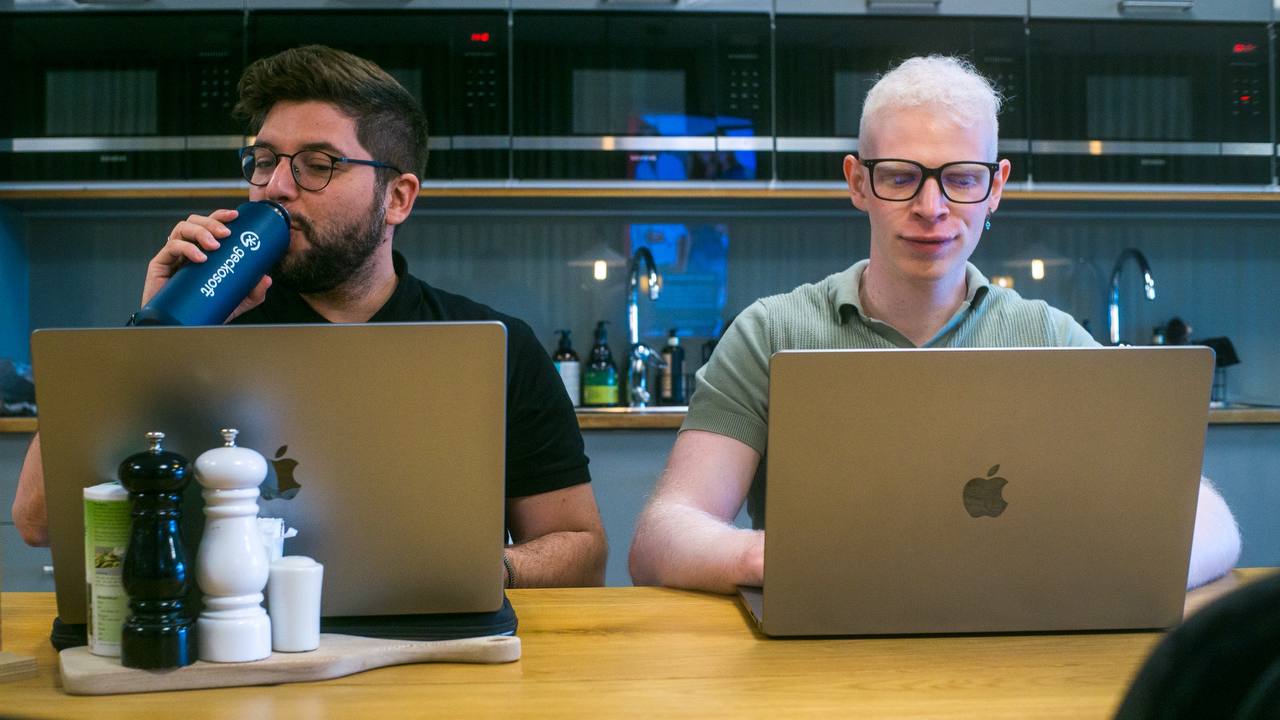 Due Geckos seduti al tavolo davanti ai loro laptop che lavorano durante il retreat a Stoccolma