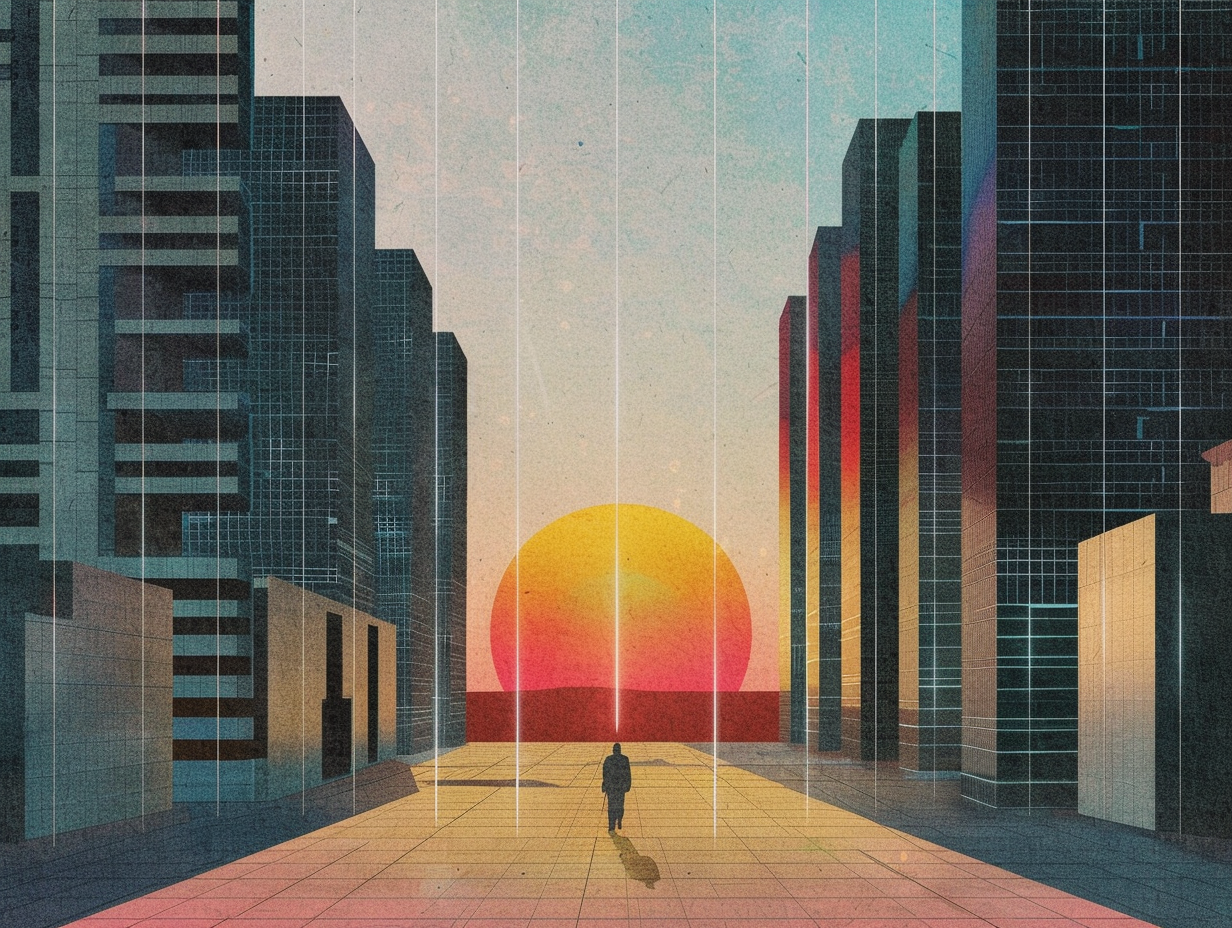 Spazio urbano minimale al crepuscolo con un grande cerchio luminoso sospeso sopra edifici scuri; sottili linee verticali di luce scendono verso il suolo come a rivelare strutture nascoste, con una figura umana al centro della scena.