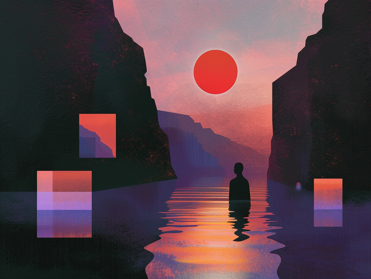 Figura umana solitaria immersa fino alla vita in una superficie scura e riflettente al tramonto, tra scogliere astratte e rettangoli luminosi sospesi nell’aria; un sole rossi all’orizzonte evocano una sensazione di attesa e sospensione.